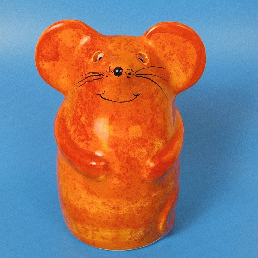 VTG 80s Orange Ceramic Smiling Mouse Parmesan Cheese Shaker Hand Painted Italy